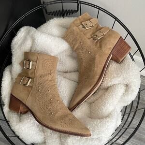 Zara Beige Suede Gold Studded Pointed Toe Western Block Heel Ankle Boots Size 39